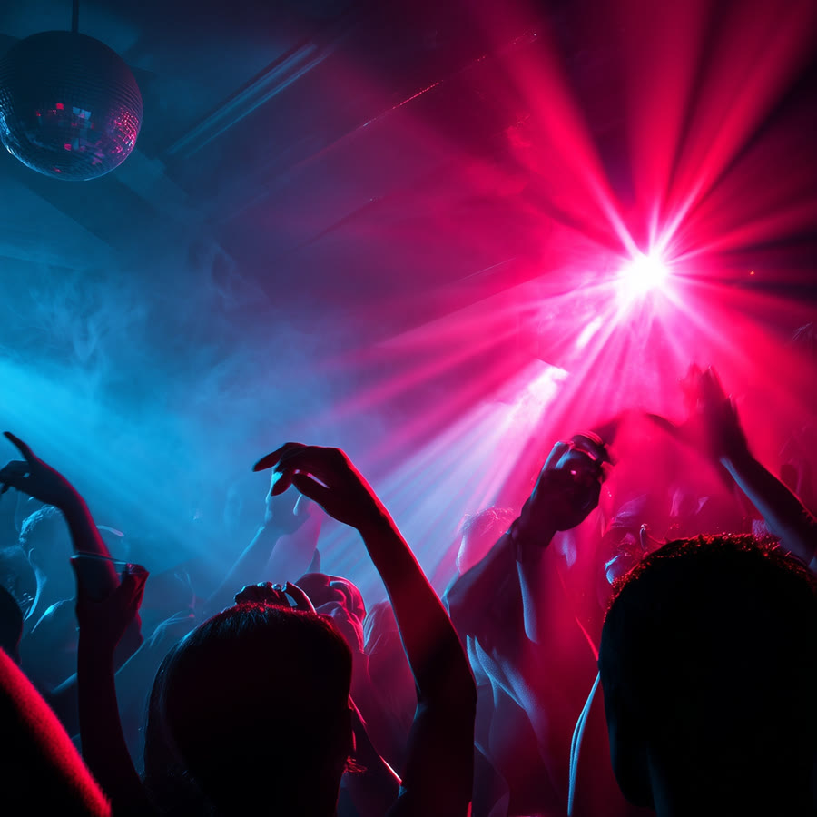Party crowd with hands up under coloured lights
